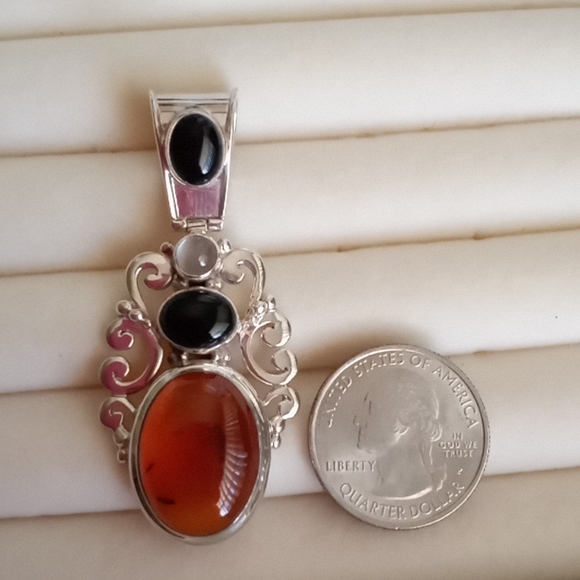 AMBER, BLACK ONYX, MOONSTONE IN STERLING SILVER PENDANT - Picture 2 of 7